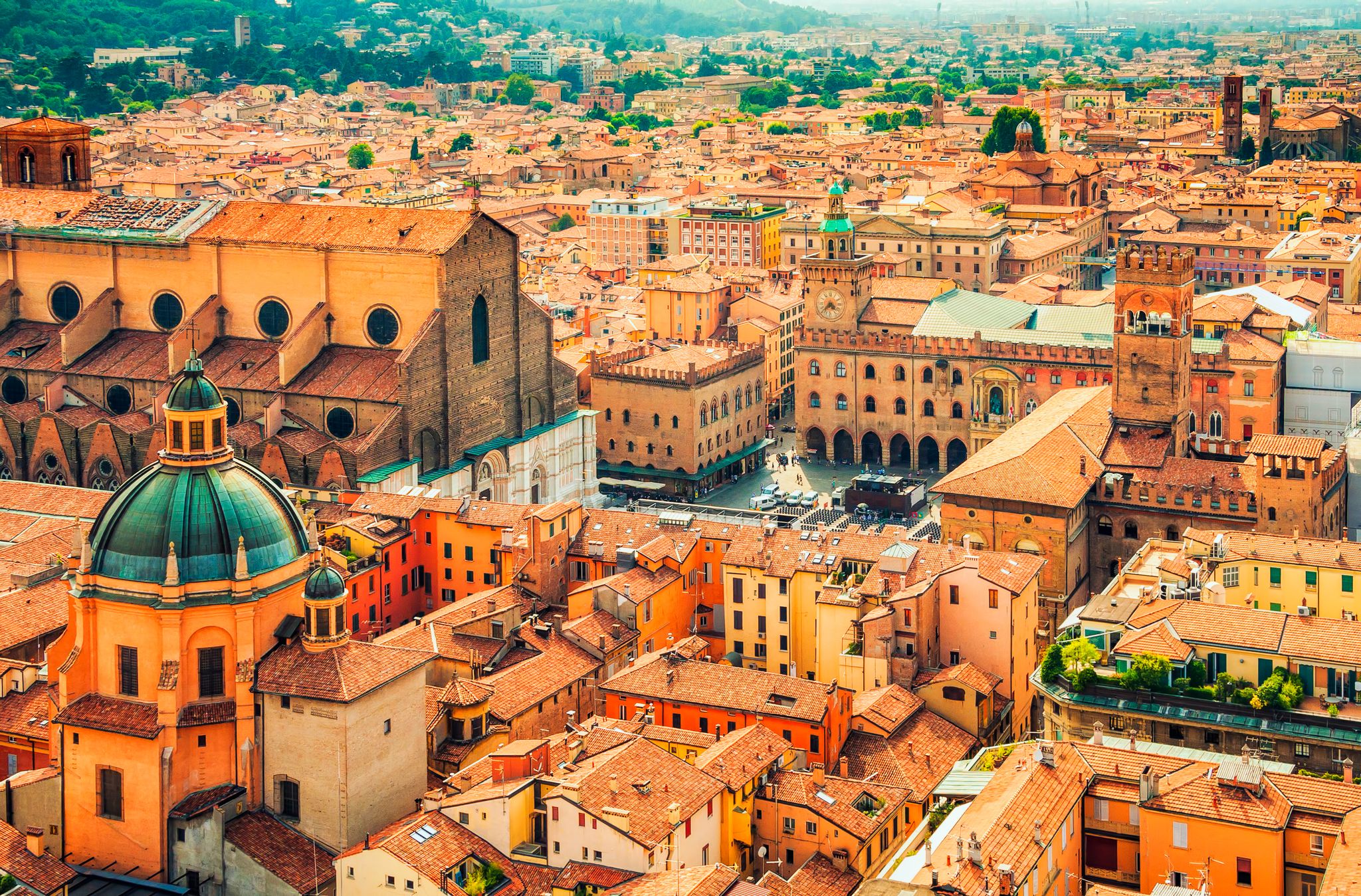 photo of aerial cityscape view of piazza maggiore square in the city of bologna, Italy. Historic city center of bologna, Italy. Beautiful ancient historical buildings of bologna, Italy. Landmark of Italy.