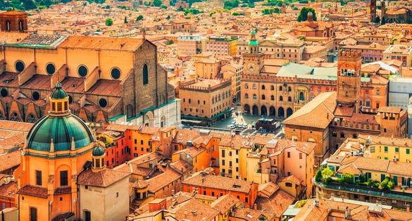 photo of aerial cityscape view of piazza maggiore square in the city of bologna, Italy. Historic city center of bologna, Italy. Beautiful ancient historical buildings of bologna, Italy. Landmark of Italy.