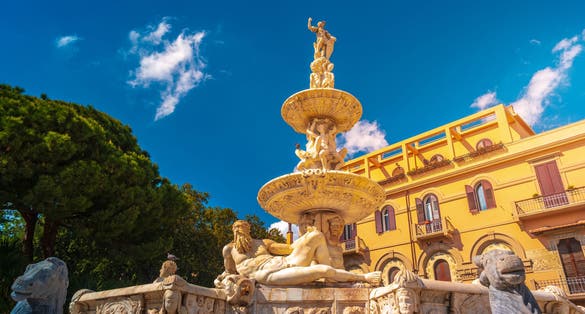 Photo of Grand 16th-century fountain with statues of mythological figures built to celebrate running water, Messina, Sicily, Italy.