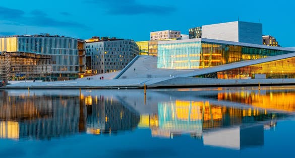Photo of night view of Opera house in Oslo, Norway.