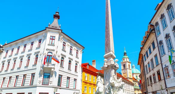 Photo of Robba Fountain Ljubljana Slovenia . Ljubljana famous fountain and column in downtown.