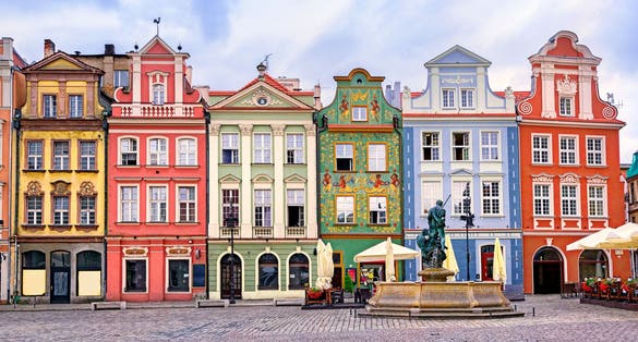 Photo of colorful renaissance facades on the central market square in Poznan, Poland.