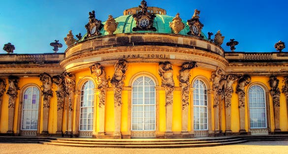 photo of Sanssouci Palace, the former summer palace of Frederick the Great, King of Prussia, in Potsdam, near Berlin, Potsdam, Germany.