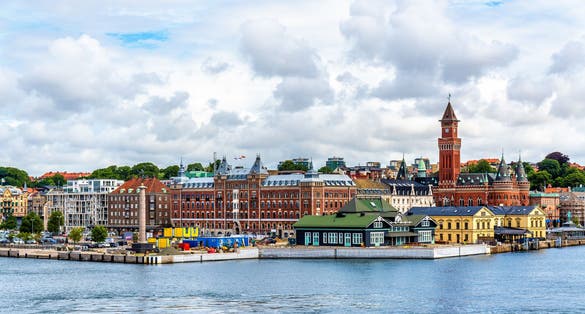 Photo of the city center and the port of Helsingborg in Sweden.