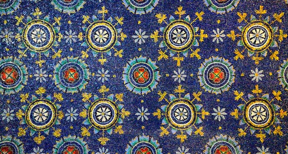 photo of view of Ancient mosaics (V century) on a ceiling in the Mausoleum of Galla Placidia in Ravenna, Italy.
