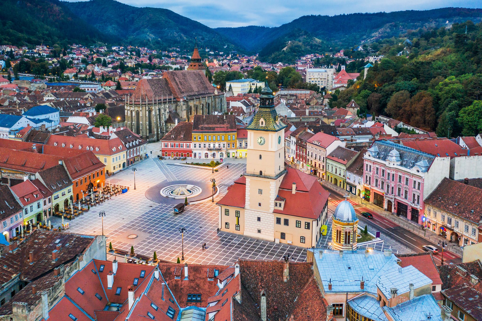 Photo of Brasov, Romania aerial view of Medieval Council House in the Main Square of the Old Town.