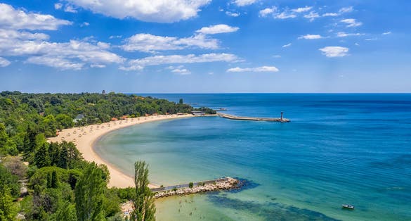 Photo of beautiful aerial view to Euxinograd bay from the shore. Varna, Bulgaria.