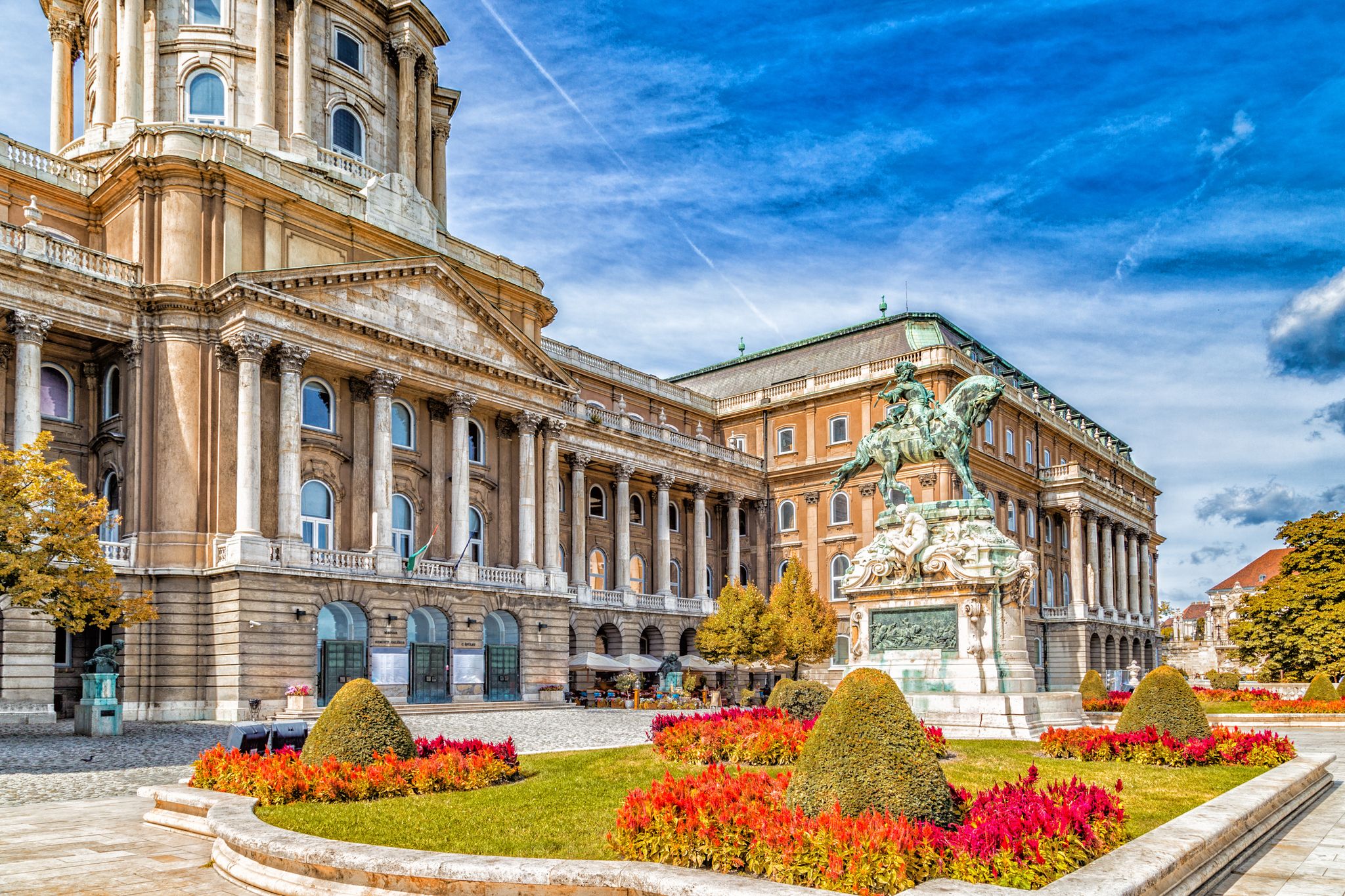 Photo of Buda Castle and equestrian statue of Prince Eugene of Savoy in Budapest, Hungary.