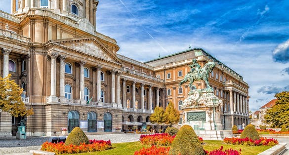 Photo of Buda Castle and equestrian statue of Prince Eugene of Savoy in Budapest, Hungary.
