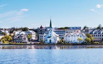 Panoramic view of Reykjavik, the capital city of Iceland, with the view of harbor and mount Esja.