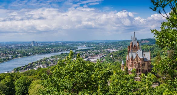 photo of  view of beautiful landscape with an old castle in the Siebengebirge near Bonn in spring