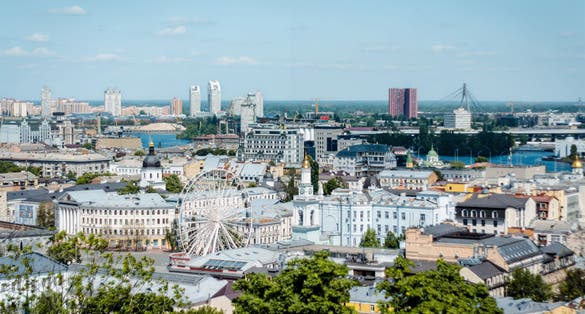 Photo of panoramic aerial view of the city of Kyiv, Ukraine.