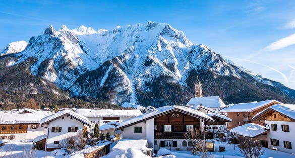 Photo of beautiful old town of Mittenwald in winter, Bavaria, Germany.