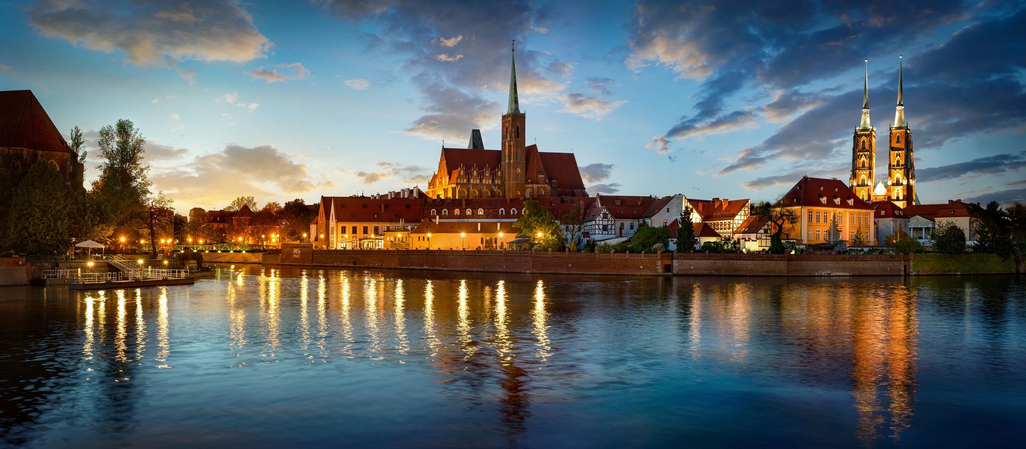 Panoramic evening view on Wroclaw Old Town. Island and Cathedral of St John with bridge through river Odra. Wroclaw, Poland.