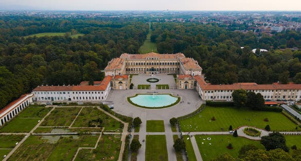 Photo of aerial view of facade of the elegant Villa Reale in Monza, Lombardy, north Italy.