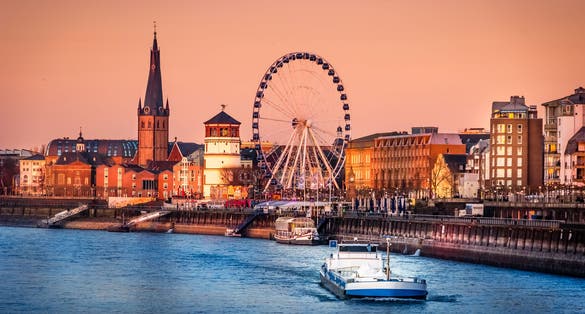 photo of view of Düsseldorf skyline durig sunset in winter, Düsseldorf, Germany.