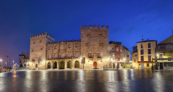 Gijon, Spain. Panoramic view of Plaza del Marques with Revillagigedo Palace at dusk