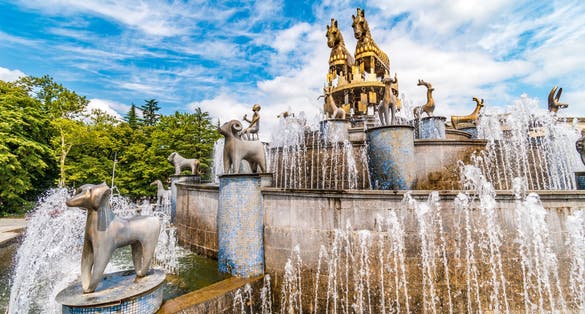 Photo of Kutaisi square fountain with horse sculpture, Kutaisi, Georgia.