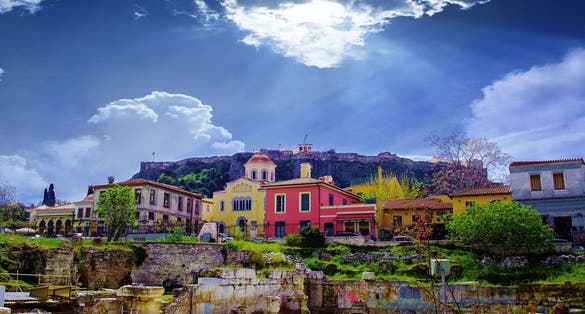 Photo of remains of the Hadrian's Library in Monastiraki square in Athens ,Greece.