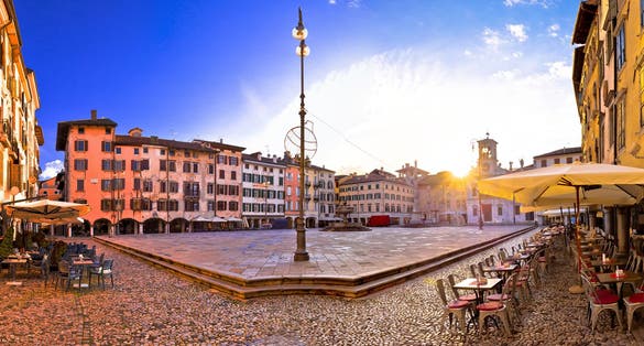 Piazza San Giacomo in Udine sunset panoramic view, town in Friuli Venezia Giulia region of Italy