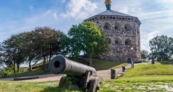 Stone Fortification building Skansen Krona exterior Wall and Golden Crown, Gothenburg, Sweden.