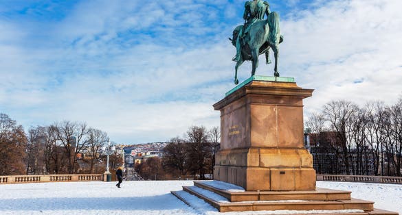 Royal palace and slottsplassen in winter Oslo Norway