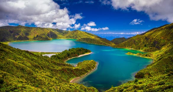Photo of beautiful panoramic view of Lagoa do Fogo lake in Sao Miguel Island, Azores, Portugal. 