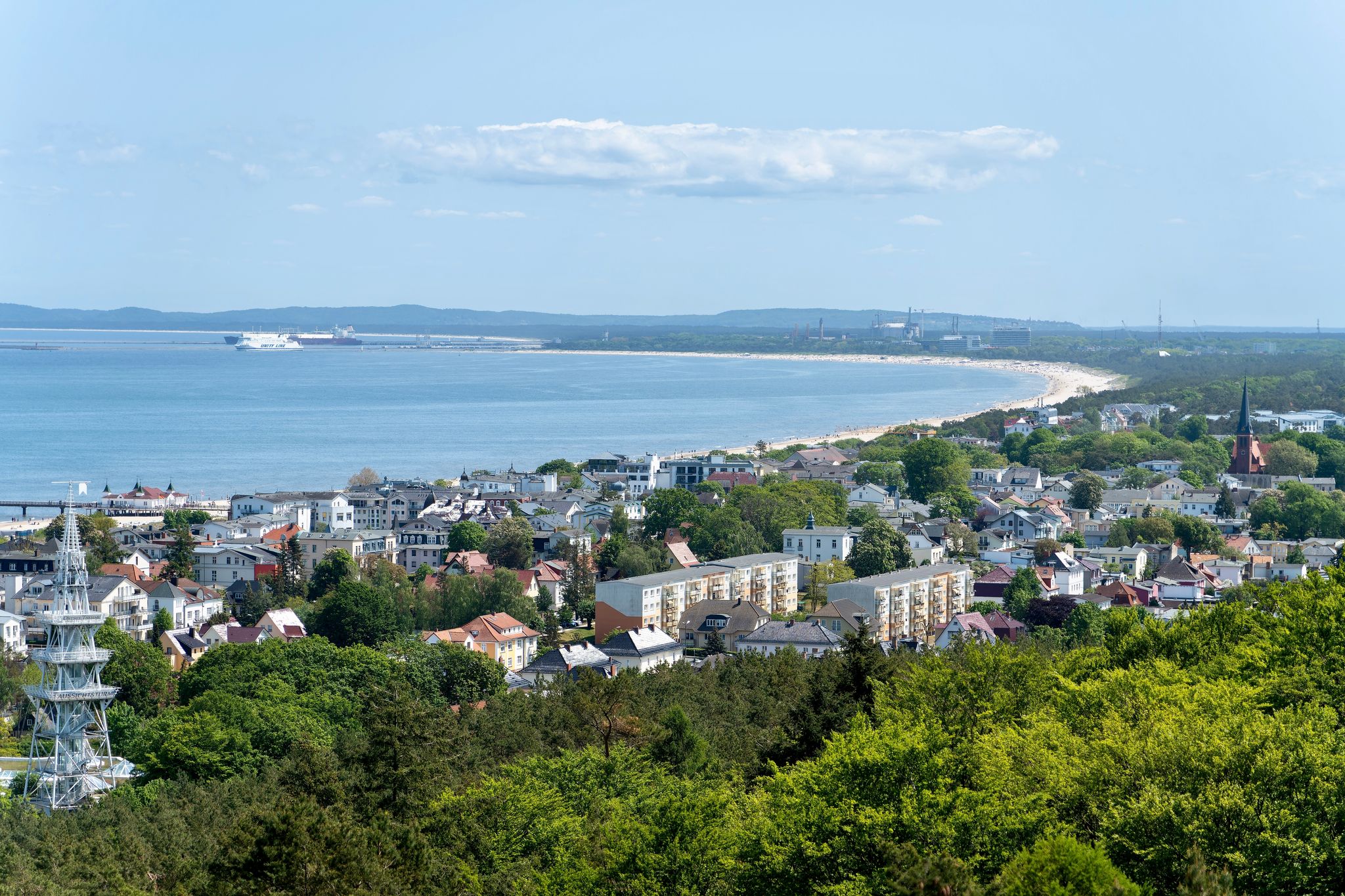 Photo of aerial view over a small Germany city called Heringsdorf, next to the Baltic sea, Germany.