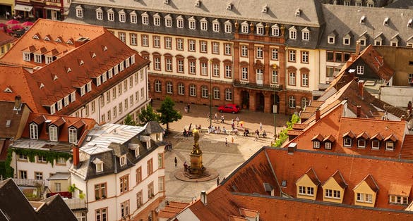 photo of ariel view of The Madonna statue in Kornmarkt square, Heidelberg, Germany.