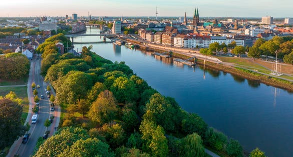 photo of view of Bremen, Germany. Aerial View on Historical Center of Bremen, Marktplatz at Sunrise.
