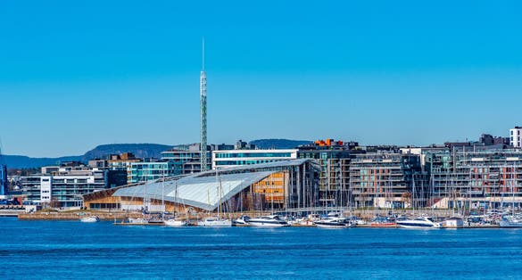 Astrup Fearnley museum viewed over a bay in Oslo, Norway