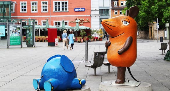 Erfurt, thuringia, germany -  Statue of the mouse and the elephant of MouseTV (Kika, Die Sendung mit der Maus) at the town centre of erfurt city