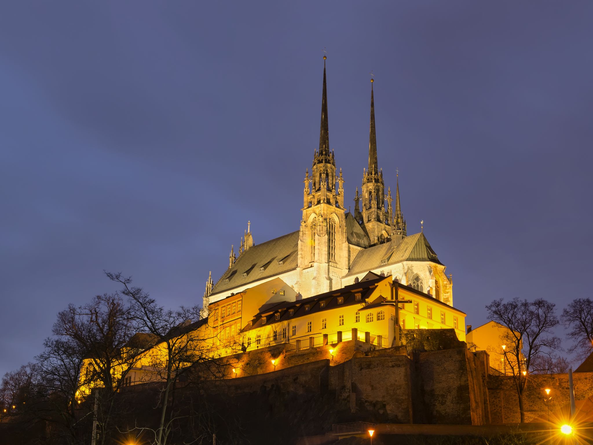 Photo of amazing view of Cathedral of St. Peter and Paul at night in Brno, Czech Republic.
