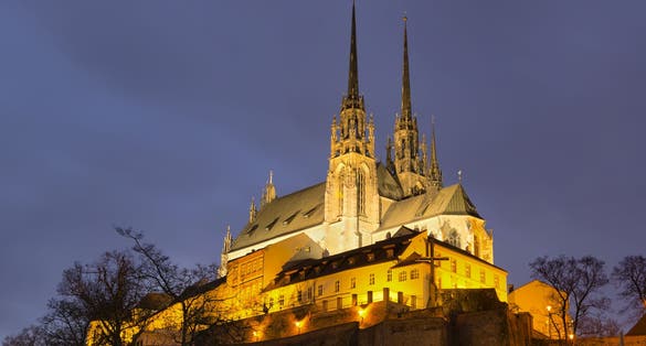 Photo of amazing view of Cathedral of St. Peter and Paul at night in Brno, Czech Republic.
