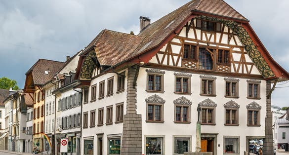 Photo of street with historical houses in Aarau old town, Switzerland.
