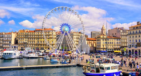 Photo of promenade of the Old Vieux Port in the city center of Marseilles, France.