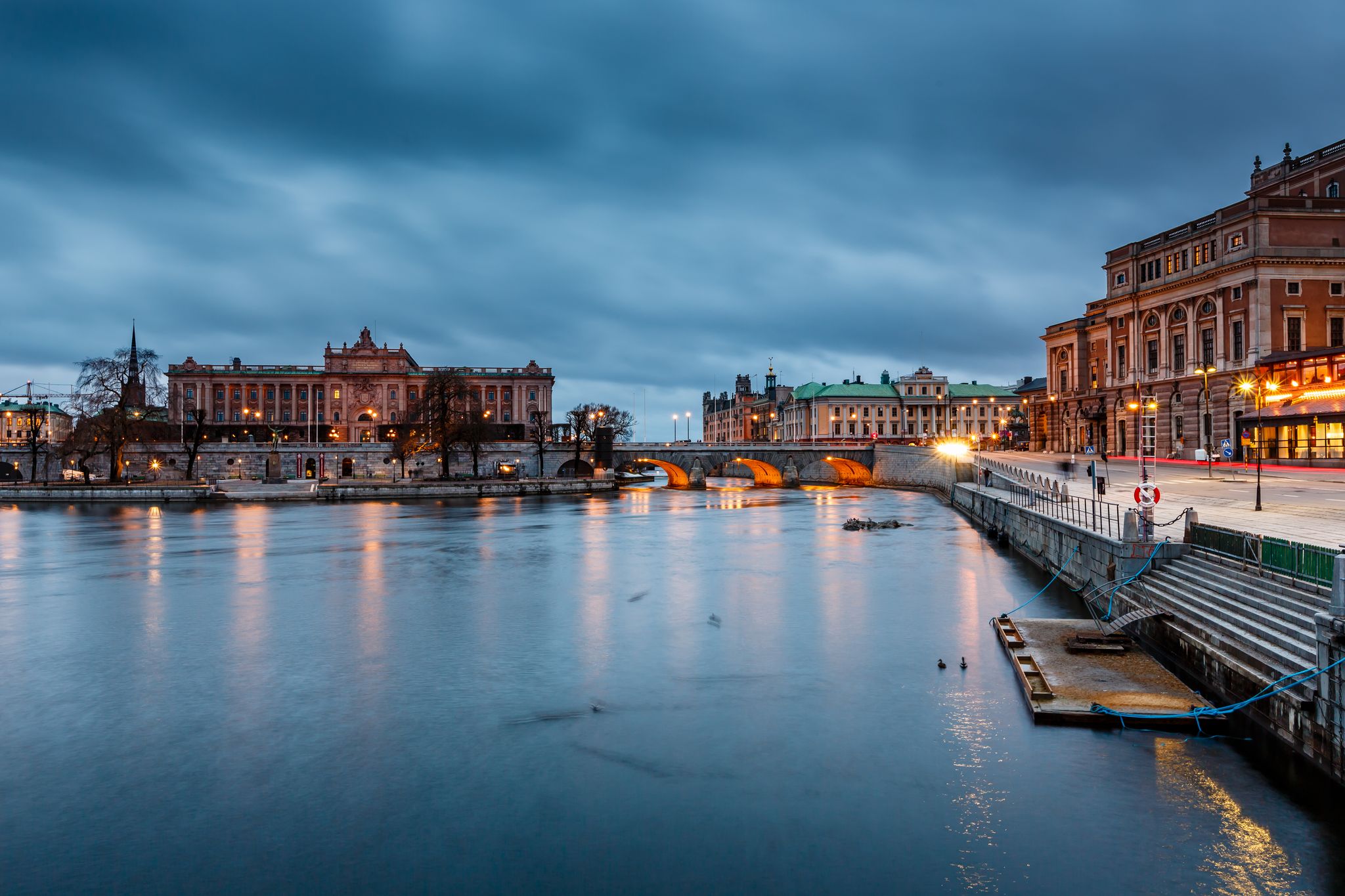 Illuminated Stockholm Royal Opera and Riksdag in the Evening, Sweden
