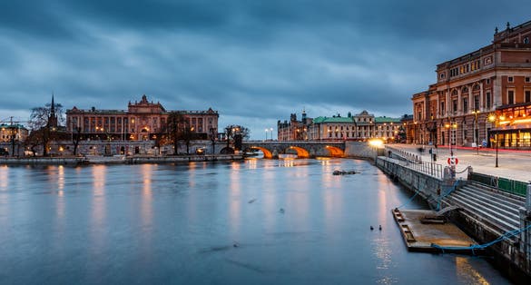 Illuminated Stockholm Royal Opera and Riksdag in the Evening, Sweden