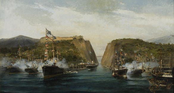 photo of view of Τα εγκαίνια της Διώρυγος της Κορίνθου, Κωνσταντίνος Βολανάκης, (1893), Loutraki, Greece.