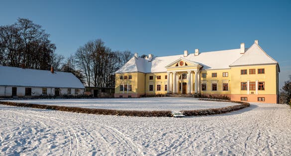 Neoclassical building of Durbe Manor (built in 1671, remodeled in 1820) in Tukums town. Winter 2022