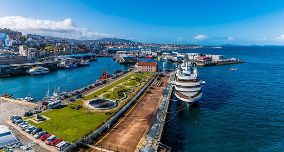 Photo of A panorama view along the cruise terminal in Vigo, Spain on a spring day.