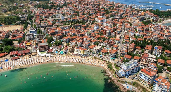 Photo of aerial view of Town of Sozopol and beach, Burgas Region, Bulgaria.