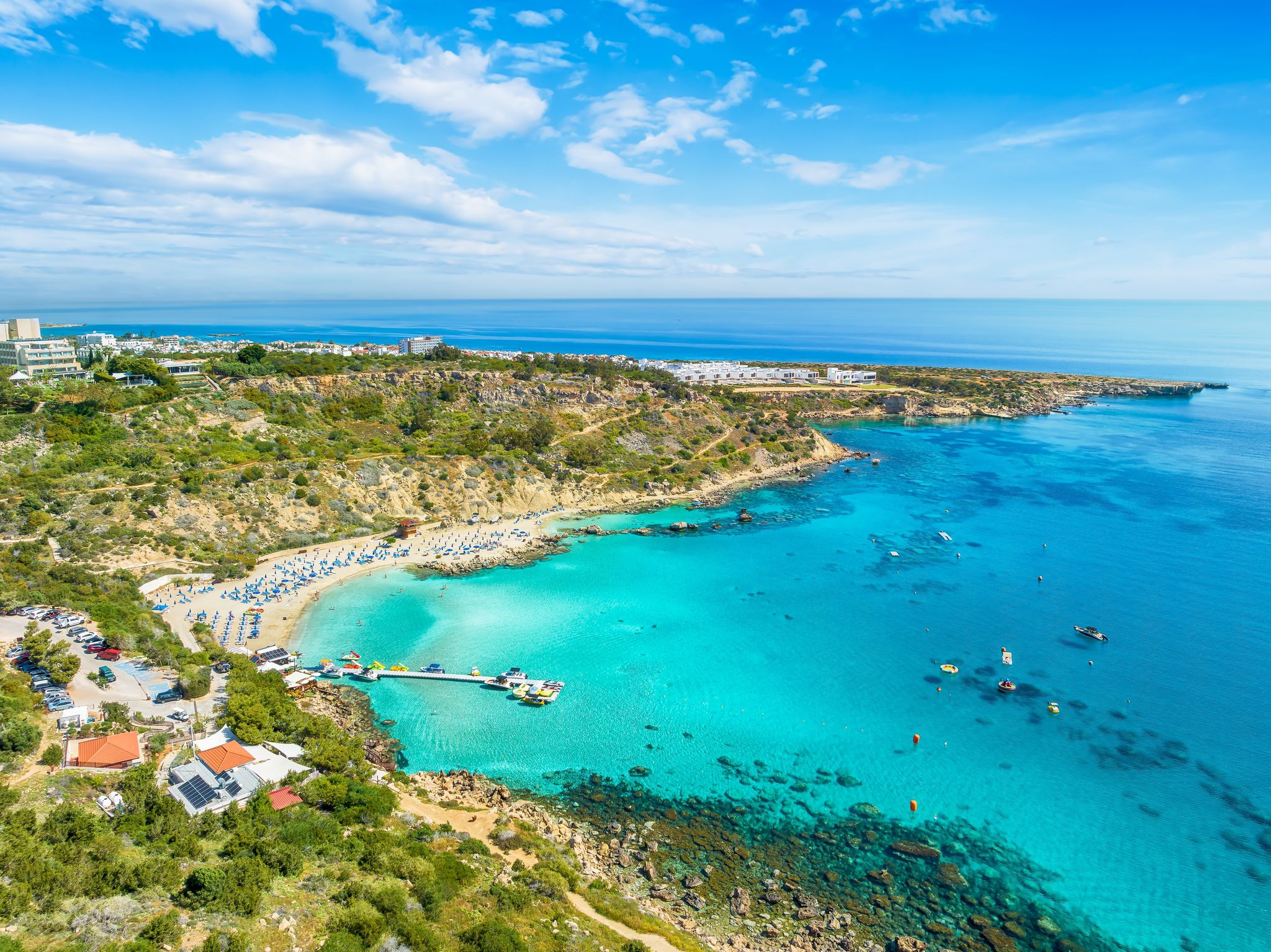 Photo of aerial view of landscape with Konnos beach in Protaras, Cyprus.