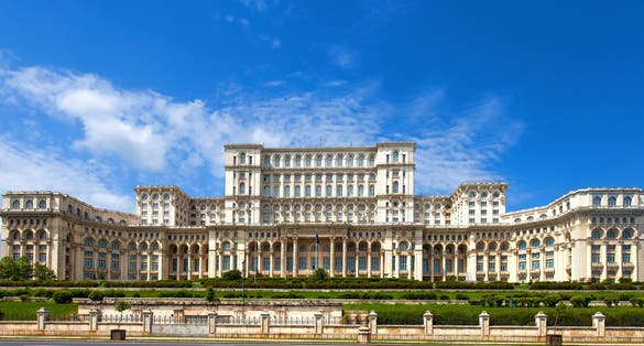 Bucharest, Romania. Parliament building or People's House in romanian capital city. Beautiful summer sunshine skyline.