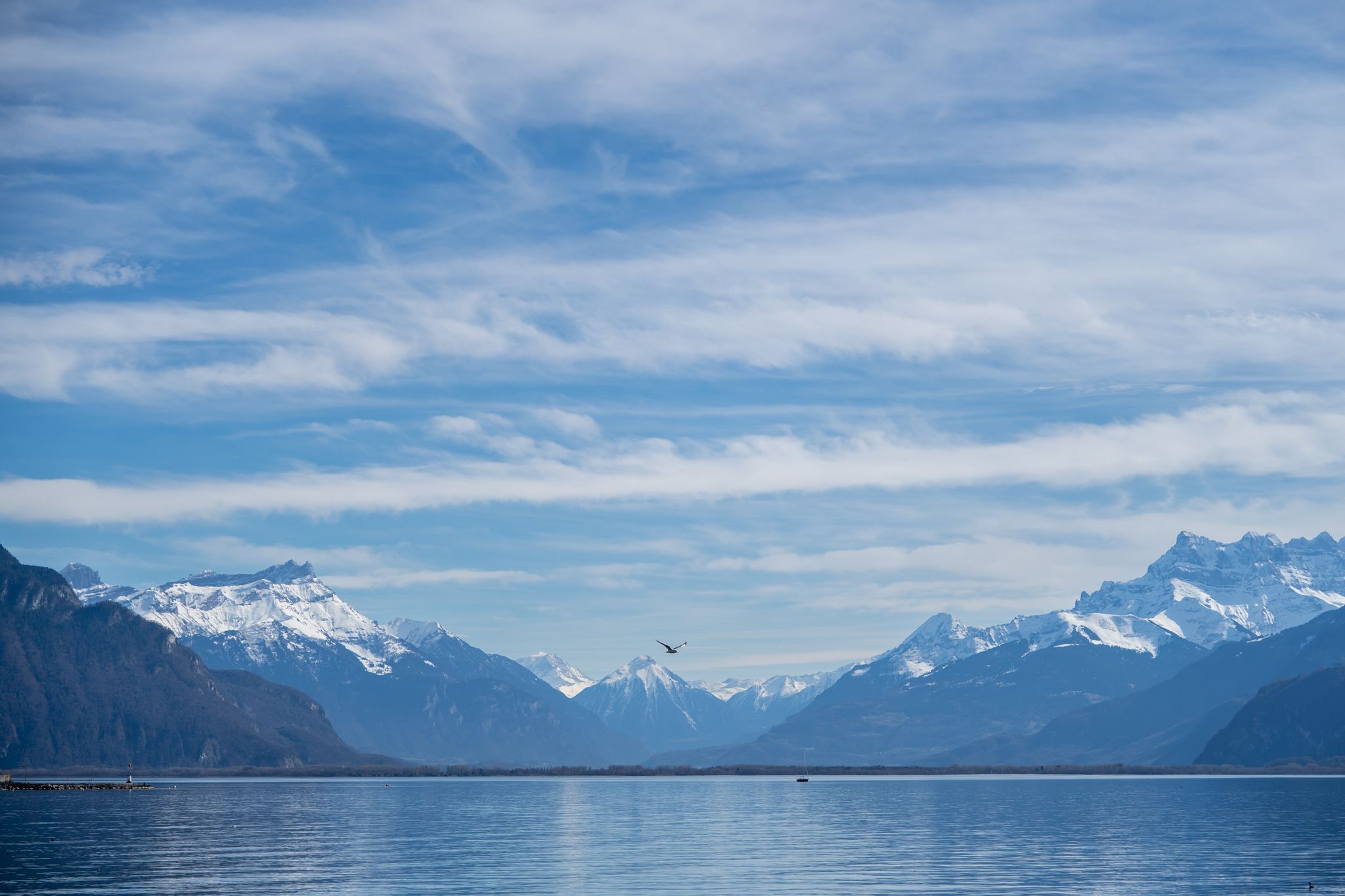 Photo of mountain and water background view, Lake Geneva Vevey, Switzerland.