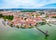 Photo of aerial panoramic view of Friedrichshafen that is a city on the shore of Lake Constance or Bodensee in Bavaria, Germany.