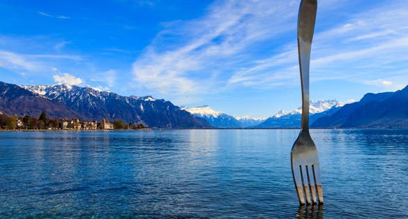 Photo of Fork of Vevey is a 8 metre stainless steel fork in water of Lake Geneva in Vevey, Switzerland.