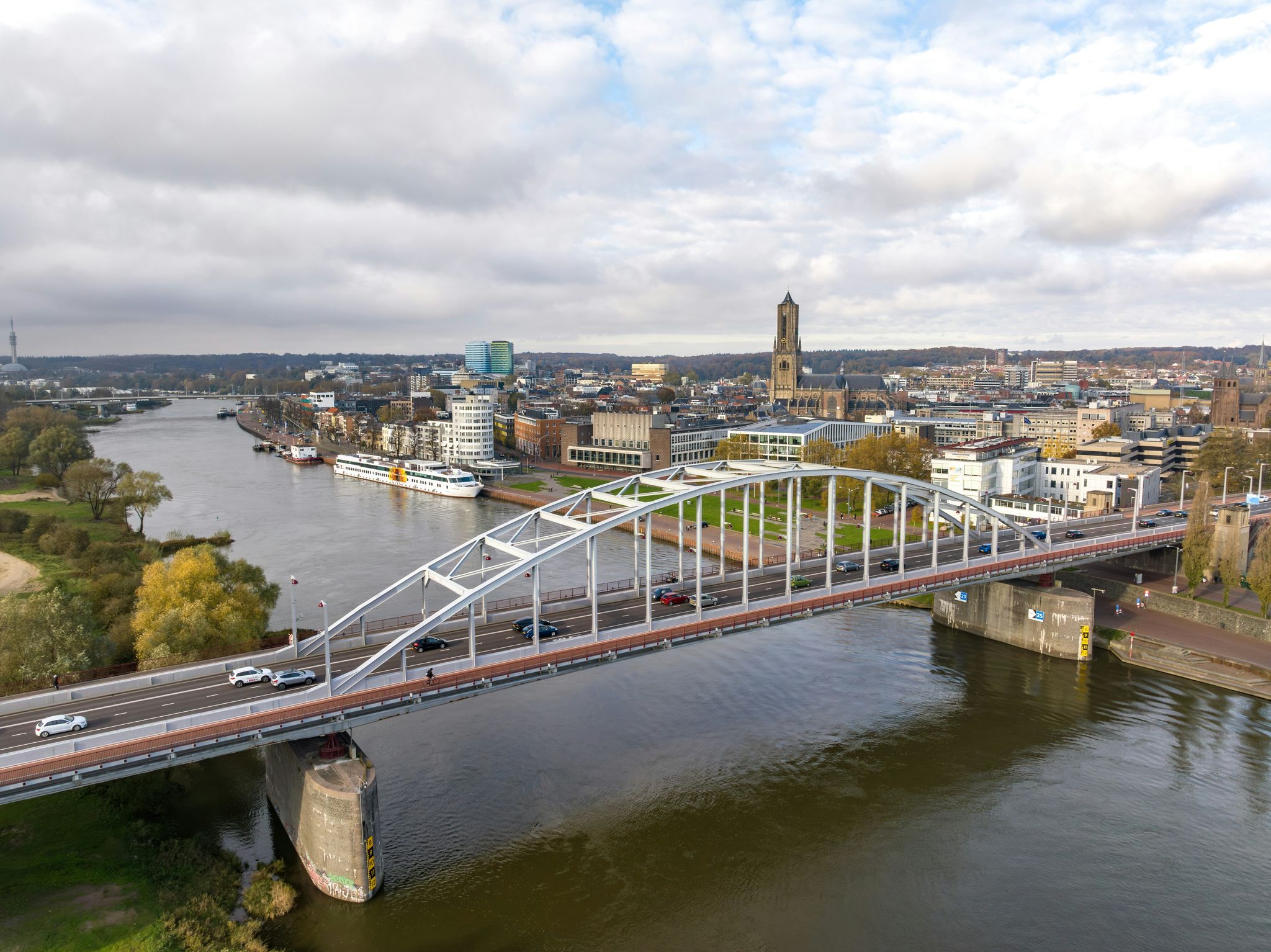 photo of aerial view drone shot of John Frost Bridge in Arnhem, The Netherlands.