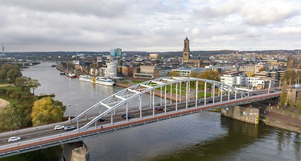 photo of aerial view drone shot of John Frost Bridge in Arnhem, The Netherlands.
