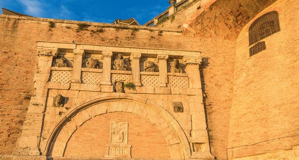 Porta Marzia Gate at the entrance of Rocca Paolina fortress ruins in Perugia, now the public underground passage to the upper city